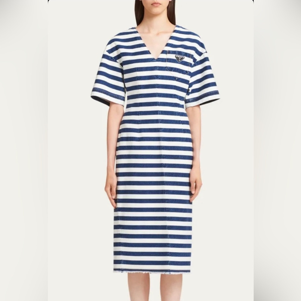 PRADA***Navy and White Striped Midi Denim Dress***US $3800